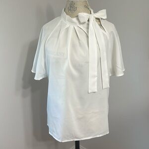 White chiffon-like bow-neck blouse, medium, short sleeve
